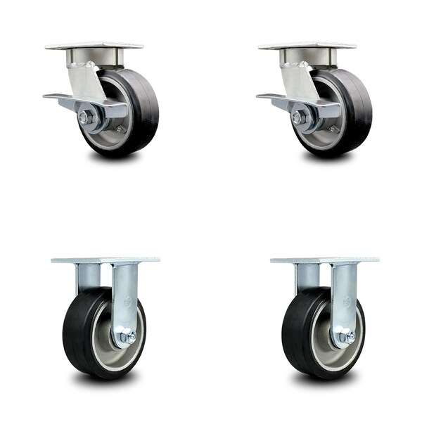 5 Inch Kingpinless Rubber on Aluminum Wheel Caster Brakes 2 Rigid SCC, 2PK